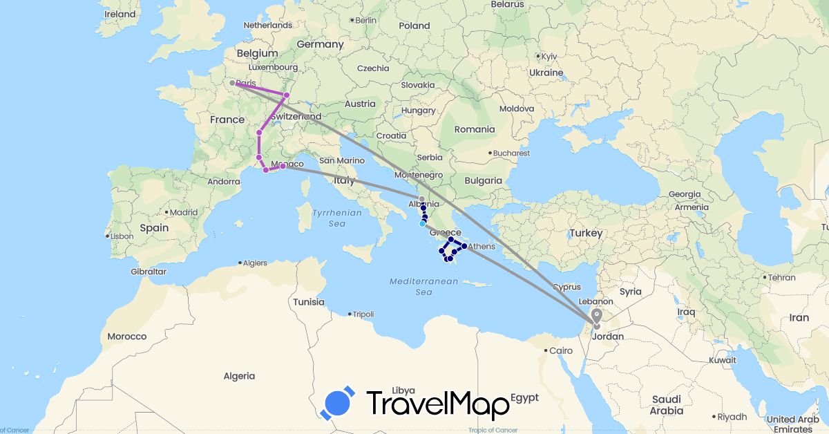 TravelMap itinerary: driving, plane, train, boat in Albania, France, Greece, Jordan (Asia, Europe)